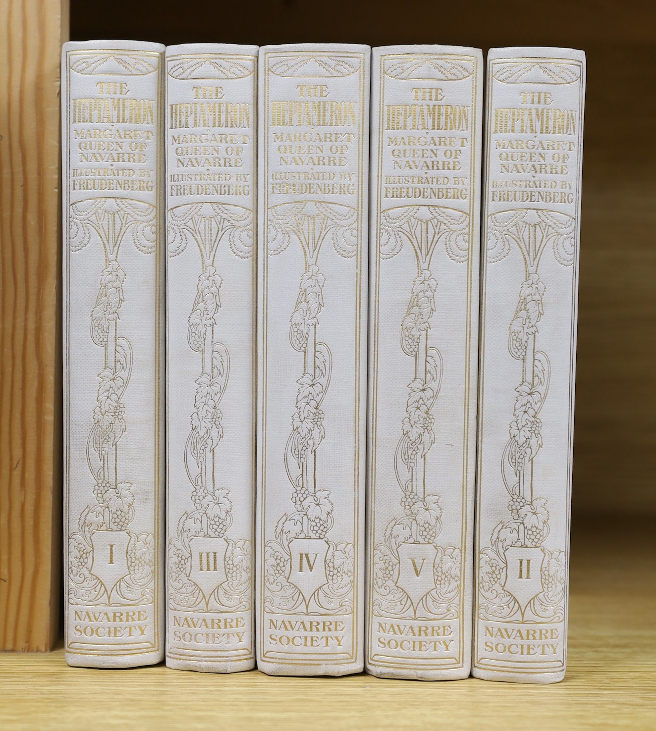Marguerite d’Angouleme - The Heptameron, or Tales and Novels, illustrated with 73 engravings by S.Freudenberg, 5 vols, 8vo, original cloth gilt, The Navarre Society, London, 1922